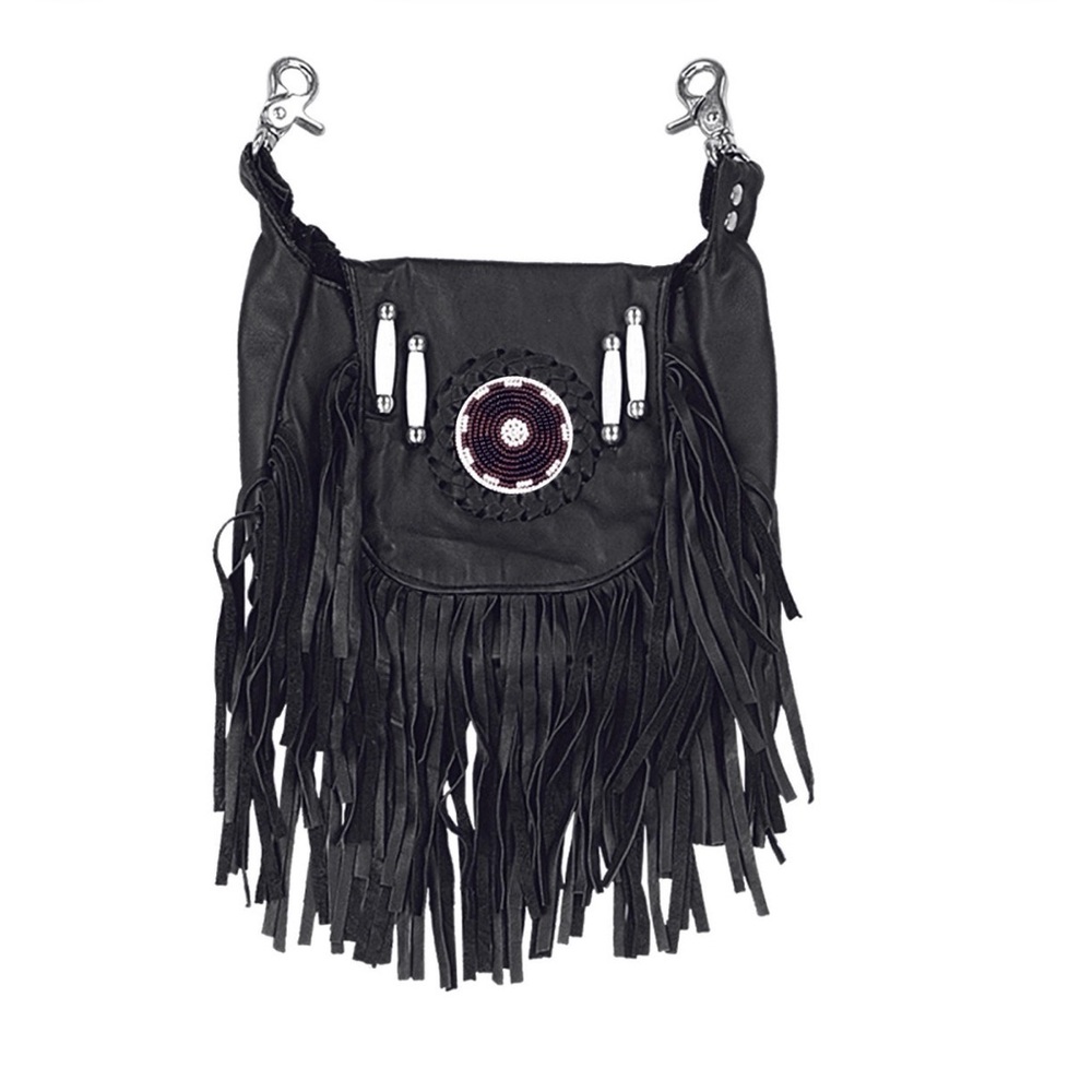 Biker Fringe Leather Crossbody Belt Bag Hip Clip Beaded Pouch Black